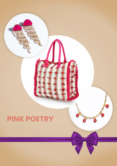 Pink Poetry Birthday Gift Set for Her | Fringe Tote Bag, Neon Tassel Earrings & Flower Charm Bracelet