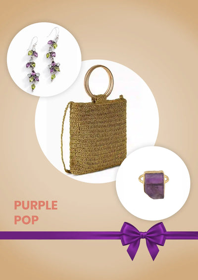 Purple Pop Festive Gift Set for Her | Silver Studded Earrings, Amethyst Ring & Metallic Bag