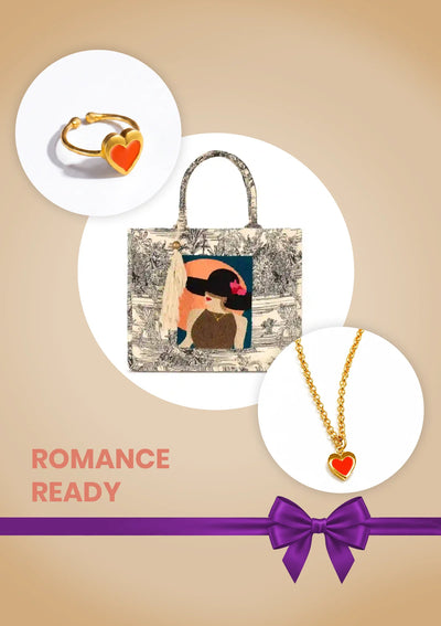 Romance Ready Date Night Gift Set for Her | Embroidered Tote Bag, Neon Heart Pendant & Heart Ring