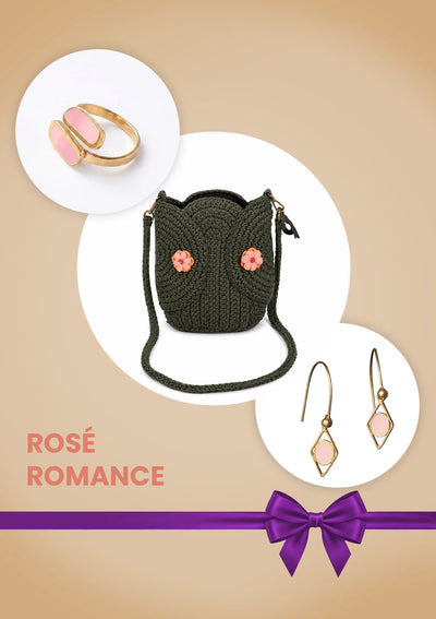 Rose Romance Anniversary Gift Set for Her | Crochet Bag, Pink Enamel Earrings & Ring