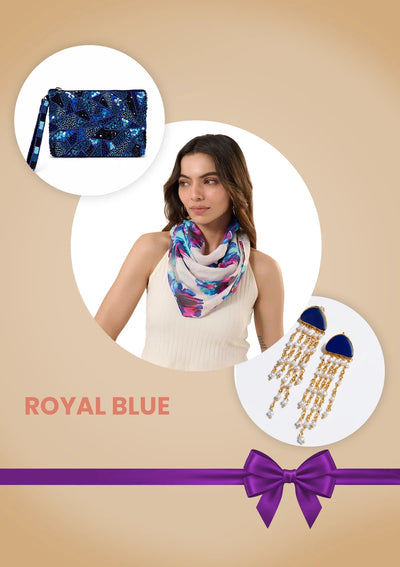 Royal Blue Graduation Gift for Her | Beaded Handheld Clutch, Blue Tassel Earrings & Printed Scarf