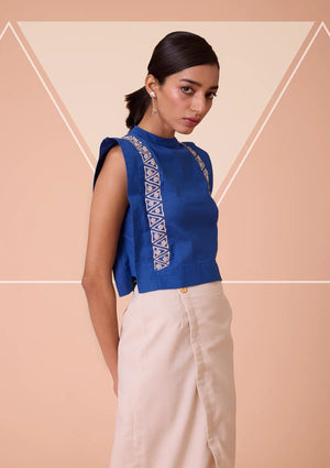 Selune Collar Band Neck and Embroidered Blue Crop Top