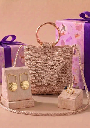 Sculptural Elegance Self Love Gift Set for Women | Gold Party Bag, 18K Gold Ring & Marble Hoop Earrings