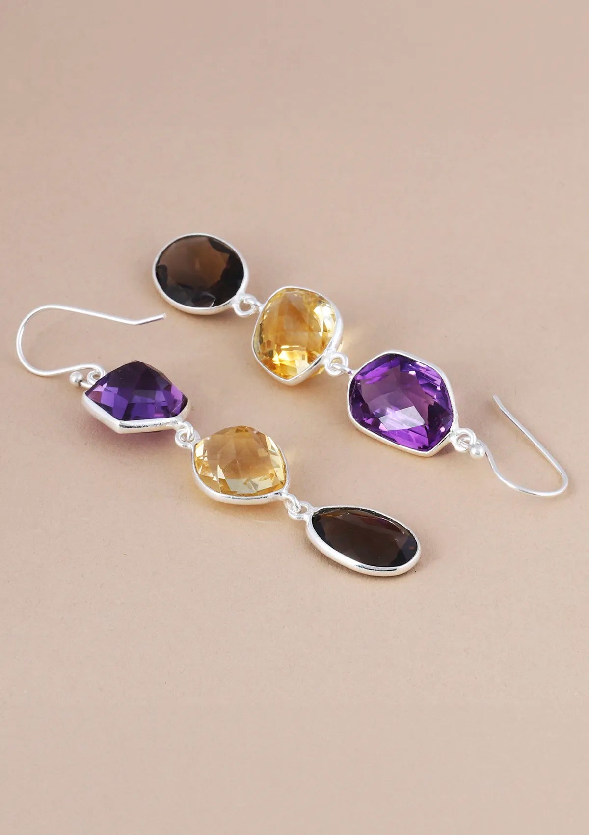 Silver Multicolour Stone Earrings - Amethyst, Citrine and Smokey Topaz