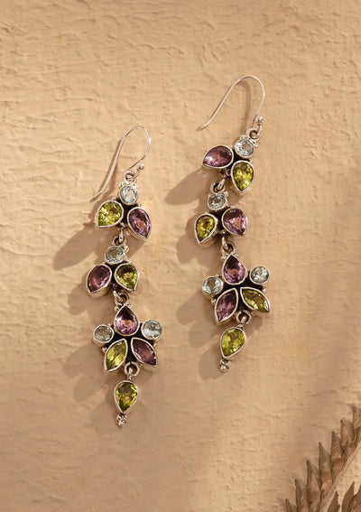 Silver Multi Stone Earring - Blue topaz, Peridot and Amethyst