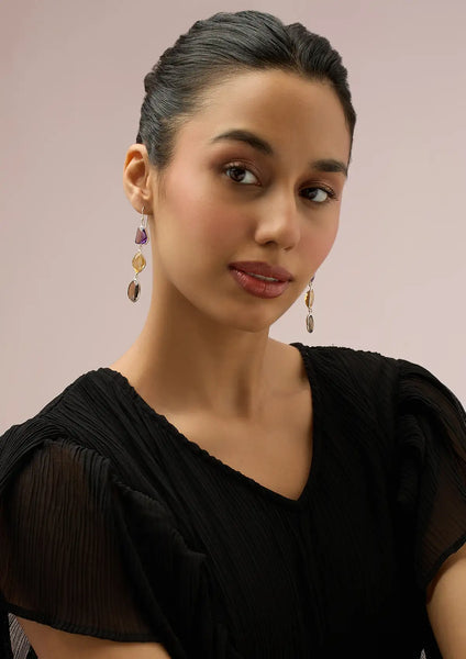 Silver Multicolour Stone Earrings - Amethyst, Citrine and Smokey Topaz