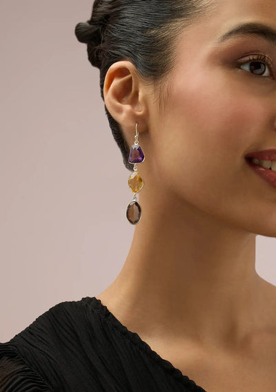Silver Multicolour Stone Earrings - Amethyst, Citrine and Smokey Topaz