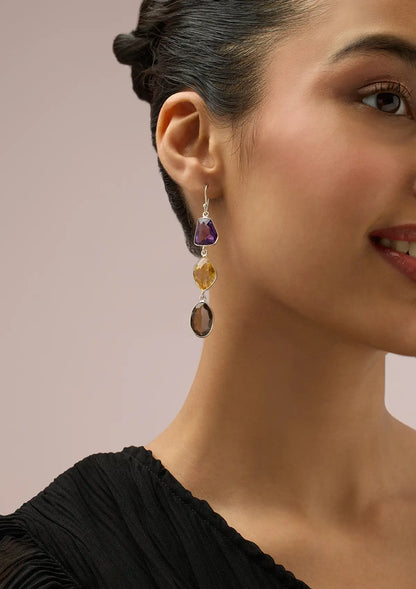 Buy Silver Multicolour Stone Earrings - Amethyst, Citrine and Smokey Topaz