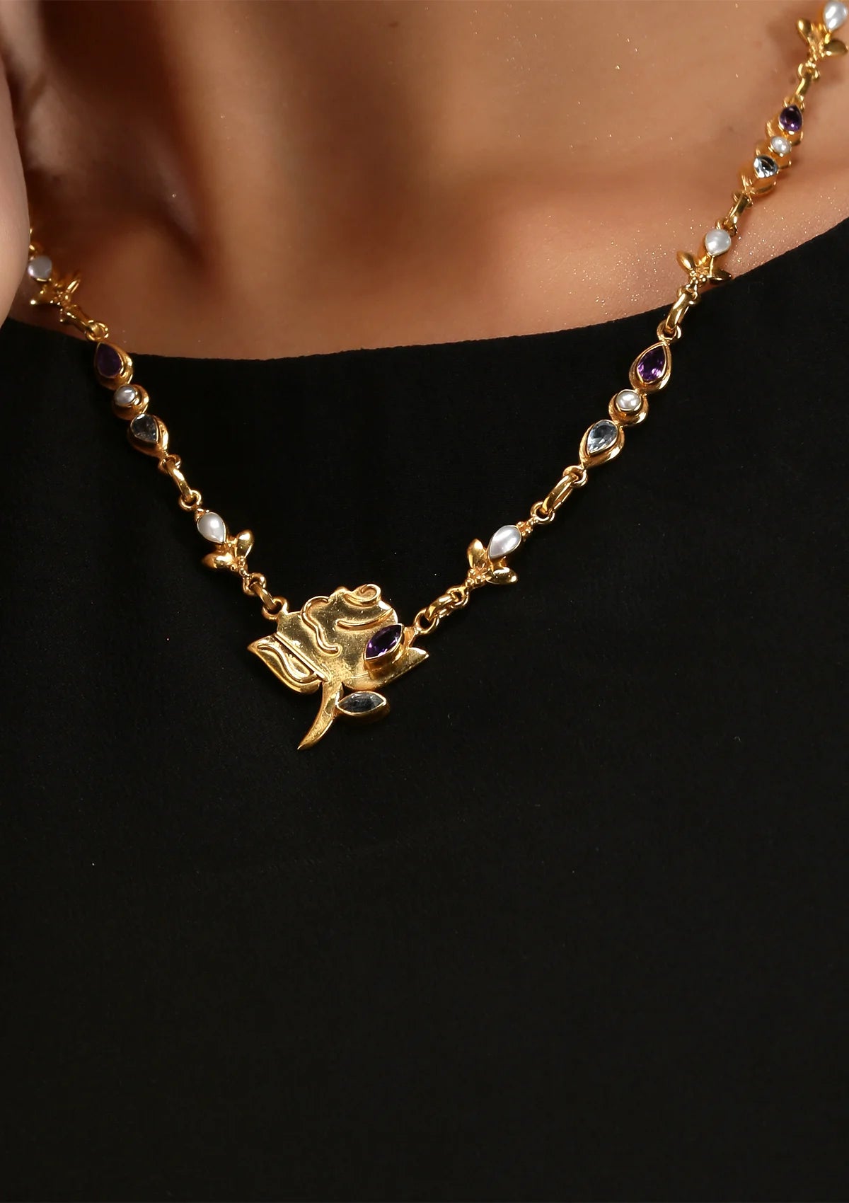 Silver Necklace with Amethyst, Blue Topaz and Pearls For Women