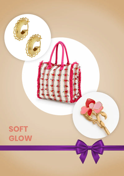 Soft Glow Gift Set for Her | Fringed Tote Bag, Orchid Bun Pin & Ribbed Hoop Earrings