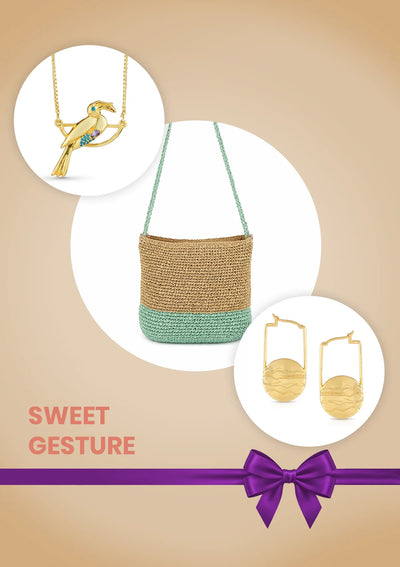Sweet Gesture Gift Set for Her | Raffia Sling Bag, Bird Pendant Necklace & Marble Hoop Earrings