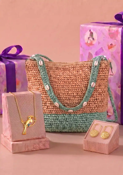 Sweet Gesture Gift Set for Her | Raffia Sling Bag, Bird Pendant Necklace & Marble Hoop Earrings