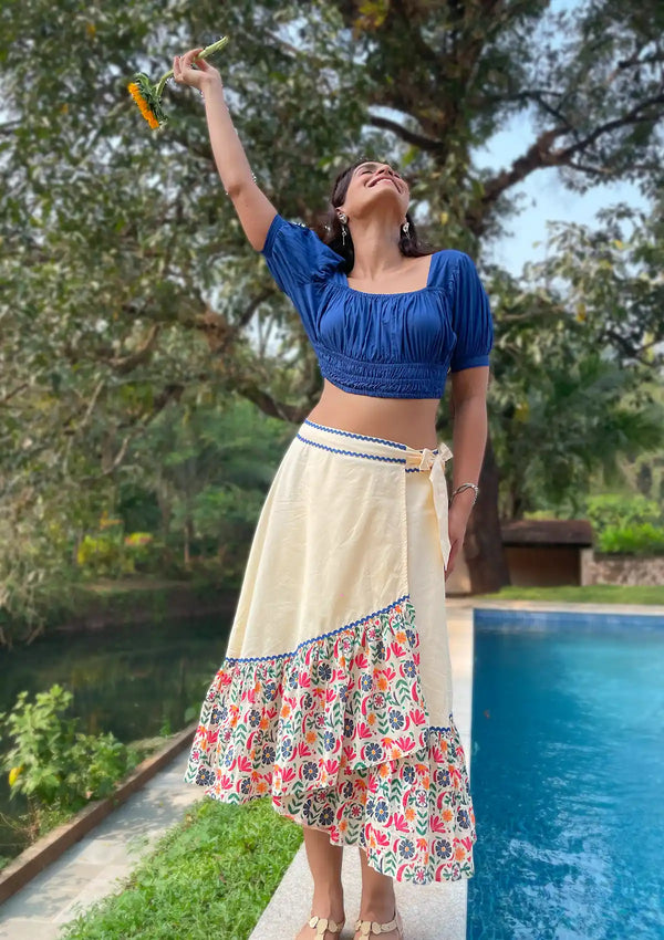 Tequila Tango Set - Shirred Navy blue Top & Floral printed tiered wrap skirt