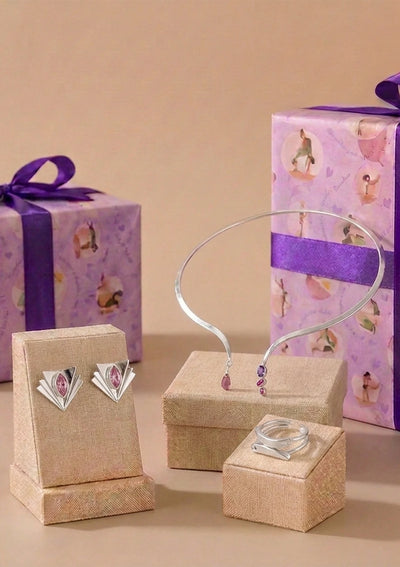 Thinking of You Gift Set for Her | Pink Cubic Zirconia Studs, Choker Necklace & Double Line Ring
