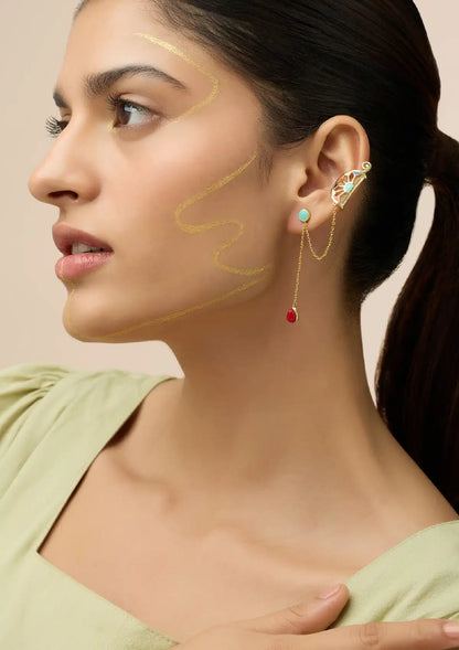 Turquoise Stone and Coral Drop Elegant Earcuff For Women