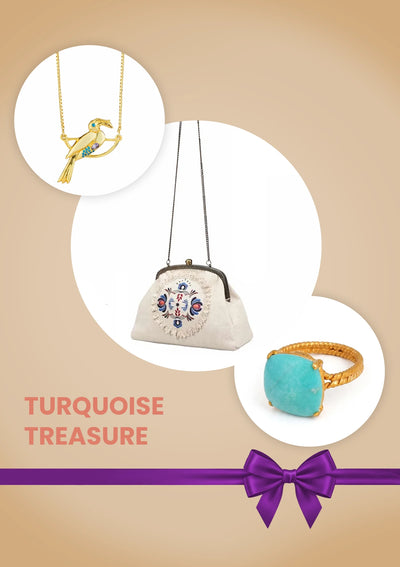 Turquoise Treasure Birthday Gift Set for Her | Handheld Clutch, Bird Pendant Necklace & Turquoise Ring