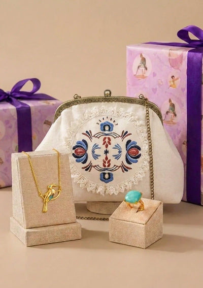 Turquoise Treasure Birthday Gift Set for Her | Handheld Clutch, Bird Pendant Necklace & Turquoise Ring