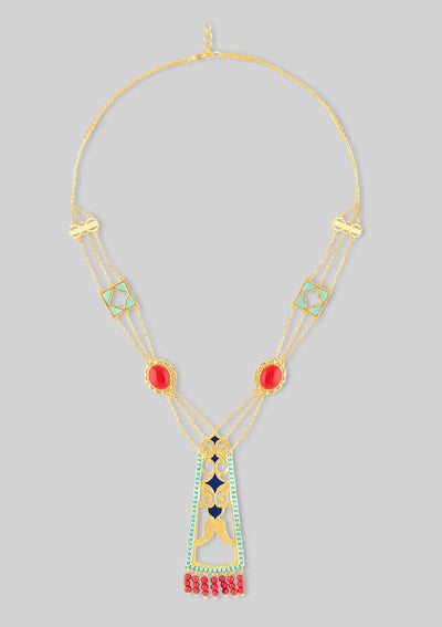 Turquoise and Coral Studded Enamel Necklace
