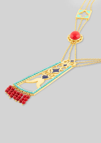 Turquoise and Coral Studded Enamel Necklace Online