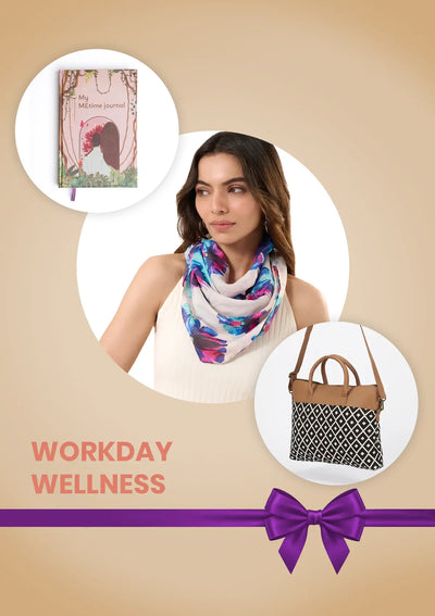 Workday Wellness Corporate Gift Set for Women | Handcrafted Laptop Bag, MEtime Journal & Printed Scarf