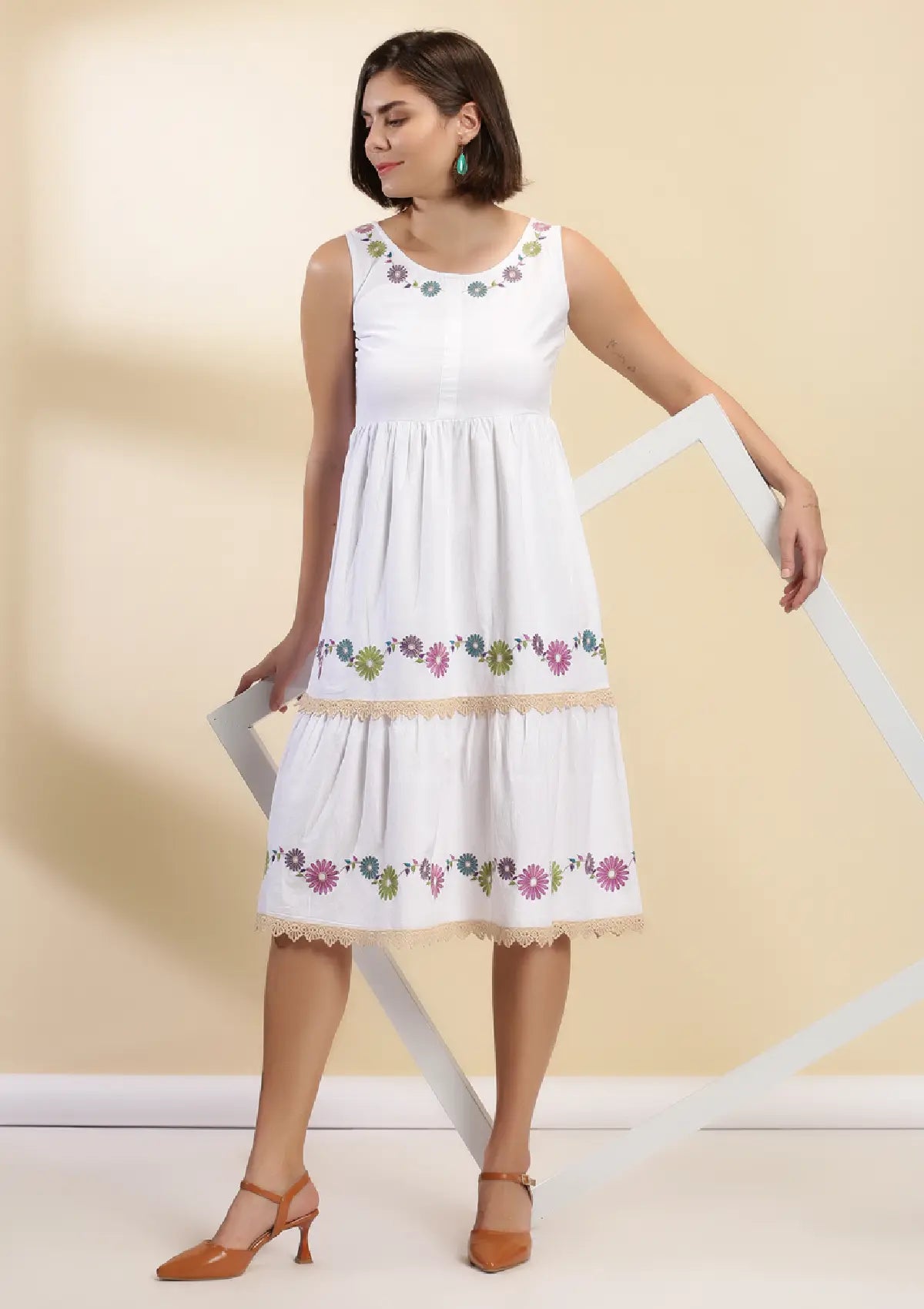 Angel Mist Cotton Embroidered Tiered Dress for women by IshqME