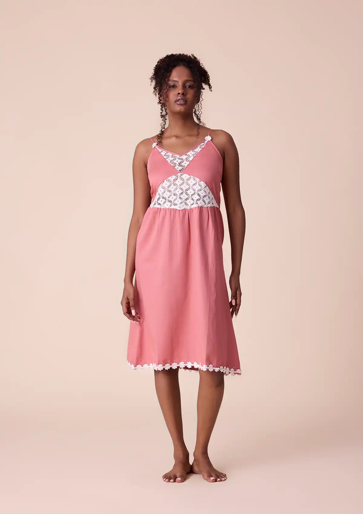 Aphra strap dress with lace panel and floral lace at hem for women online