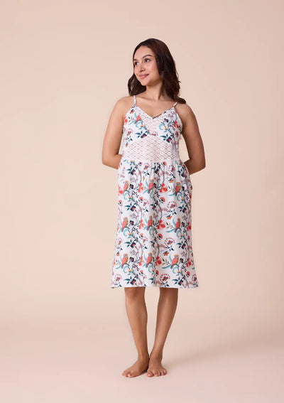 Athena - Printed Strap Dress with Lace Panel in Cotton Satin