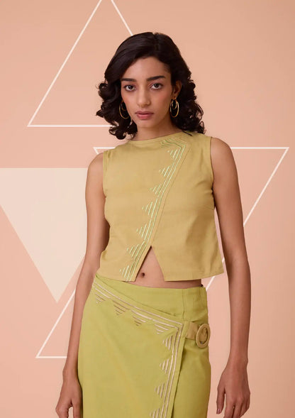 Aurenya Cross panel linen embroidered crop top