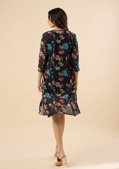 Best Black Rose Floral Printed Two Piece Party Dress for women by IshqME