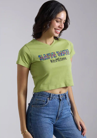 Best Happy Hour V Neck Green crop top for women by IshqME