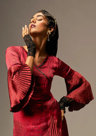 Best Lush Vino Pleated embellished Satin Party Dress for women by IshqME