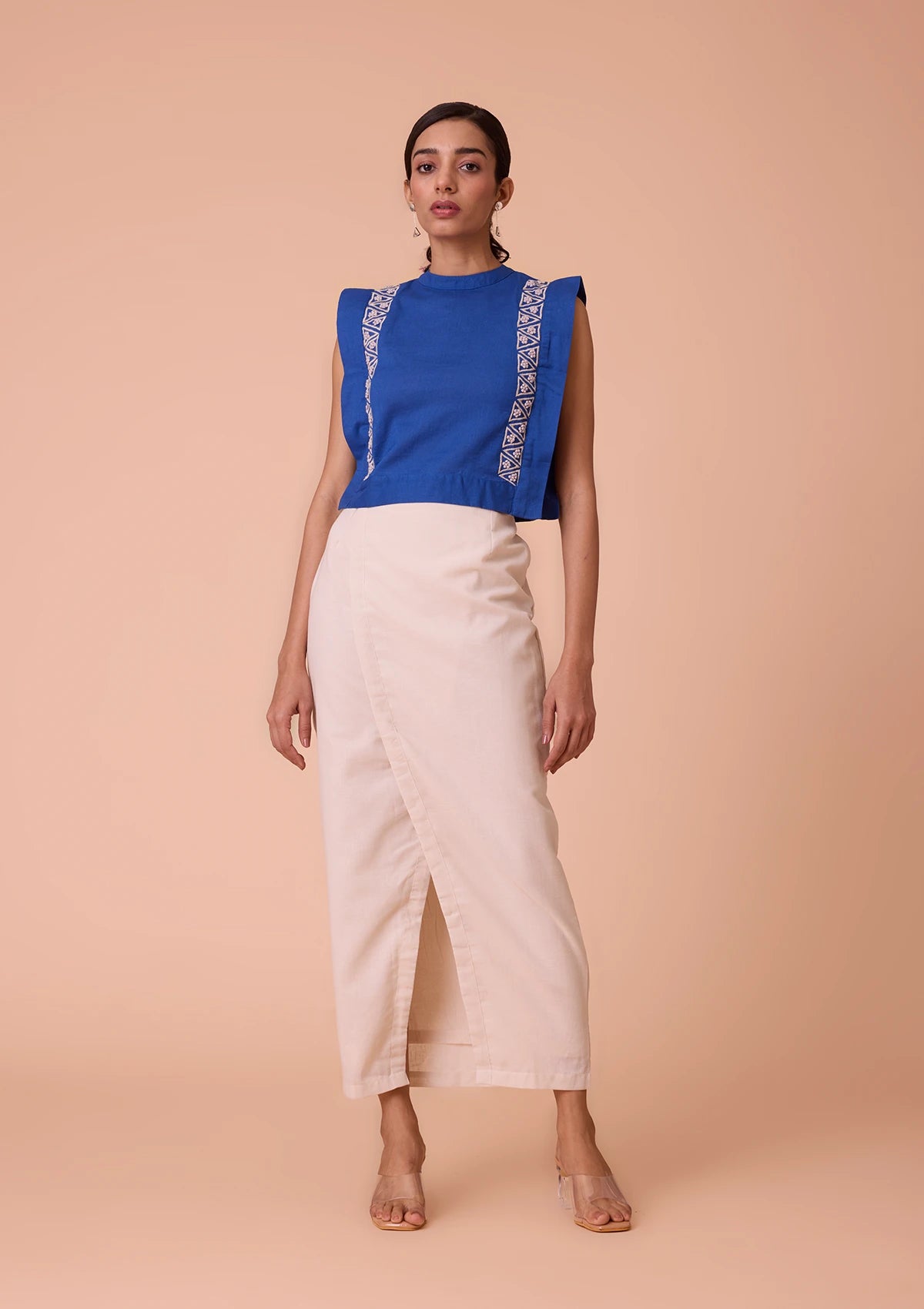 Buy Selune Collar Band Neck and Embroidered Blue Crop Top