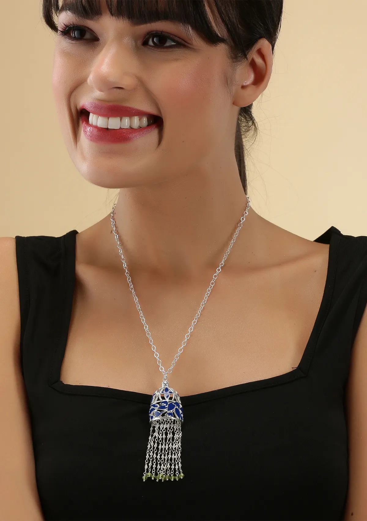 Blue enamel silver necklace for women