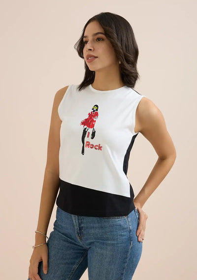 Buy Black and White Sleeveless t-shirt for women at IshqME