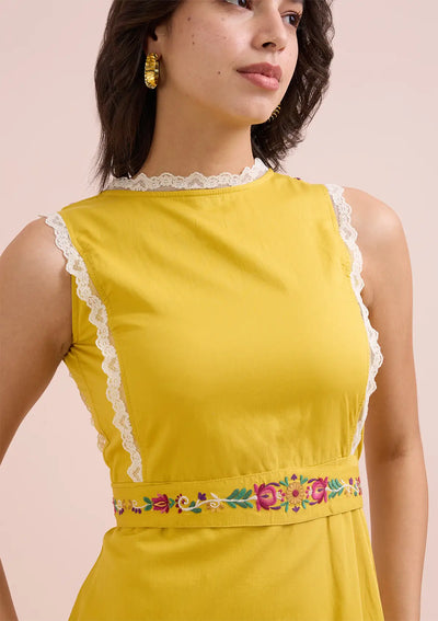 El Sol - Mustard Midi Embroidered crew neck dress