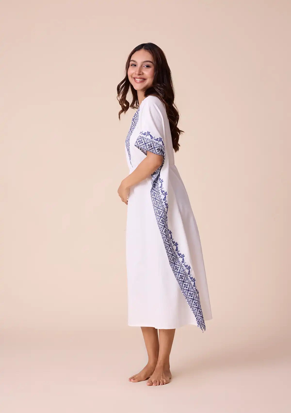 Candela Solid kaftan with printed panel and embroidered hem Online