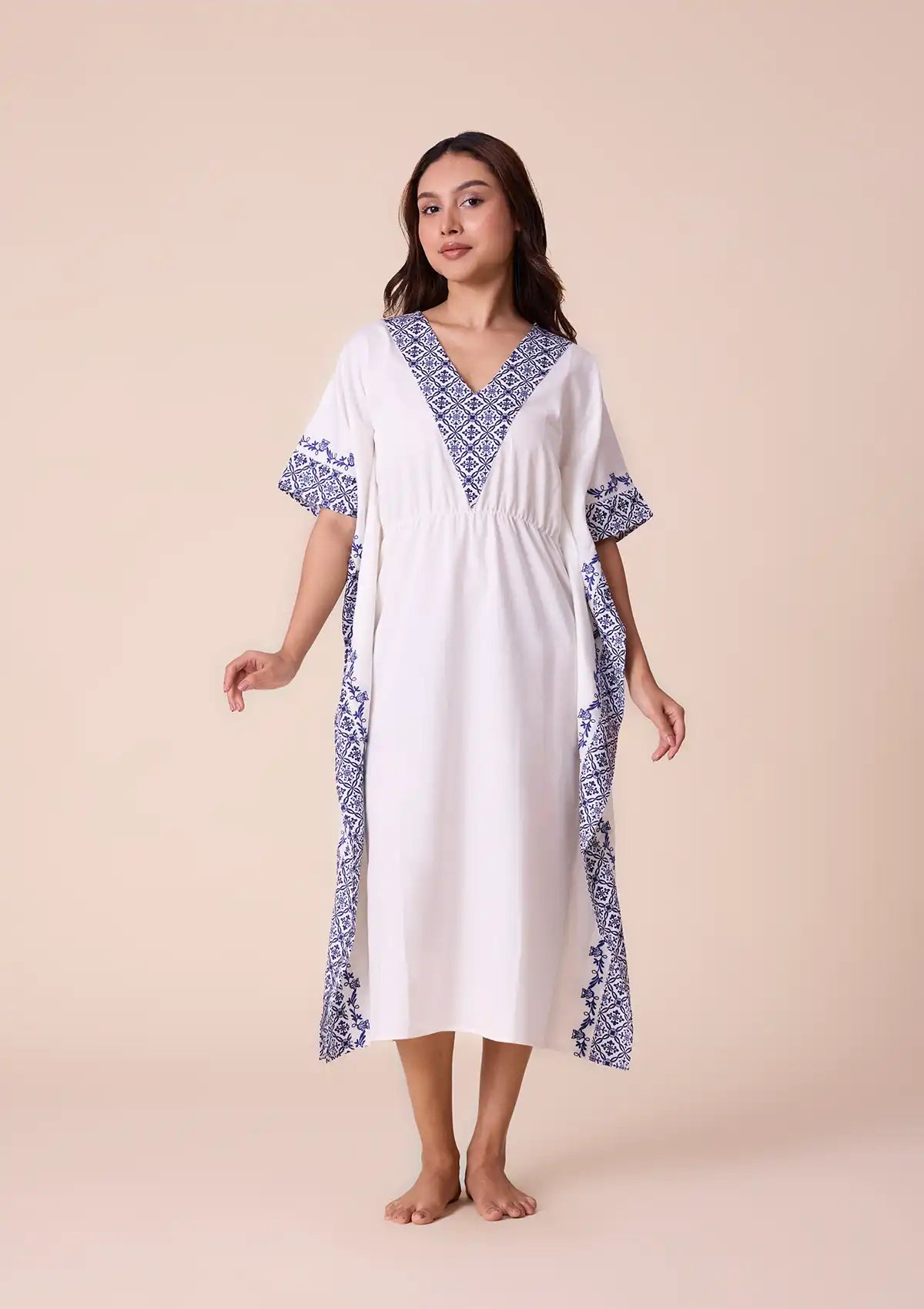Candela Solid kaftan with printed panel and embroidered hem for women online