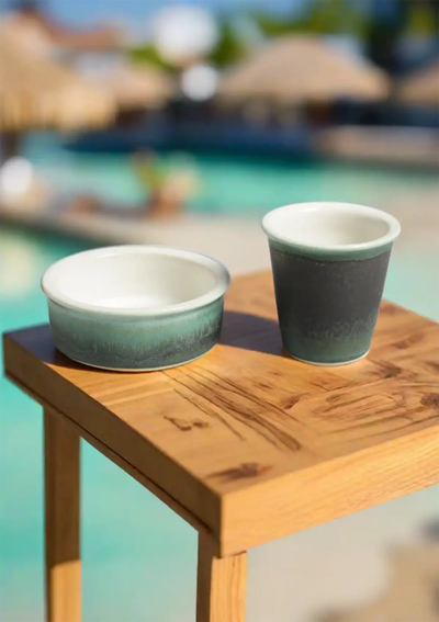 Green & white coffee serving set for two