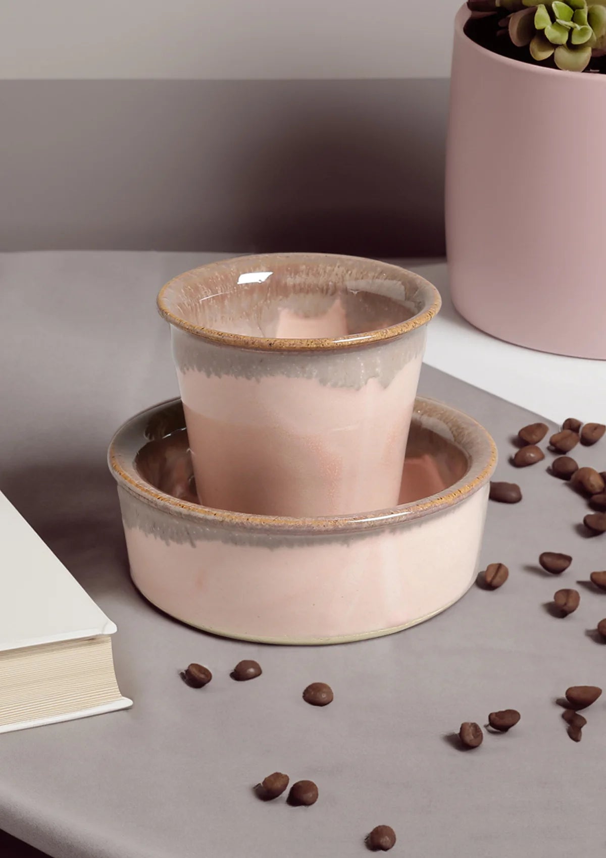 Ceramic filter coffee set in Pink & grey