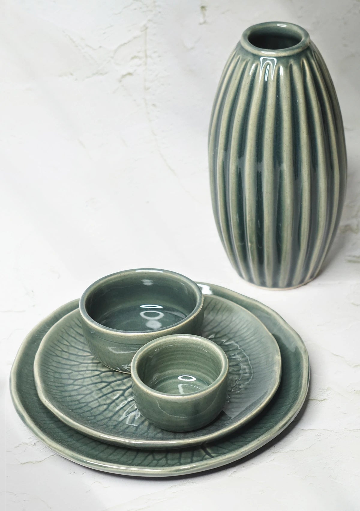 Grey green ceramic serving set with bouquet vase