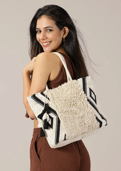 Buy Cream tufted Jacquard tote bag