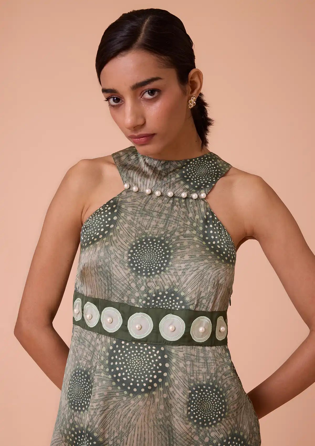 Eirene Halter Cut-Crew Neck Pearl Studded Dress For Women