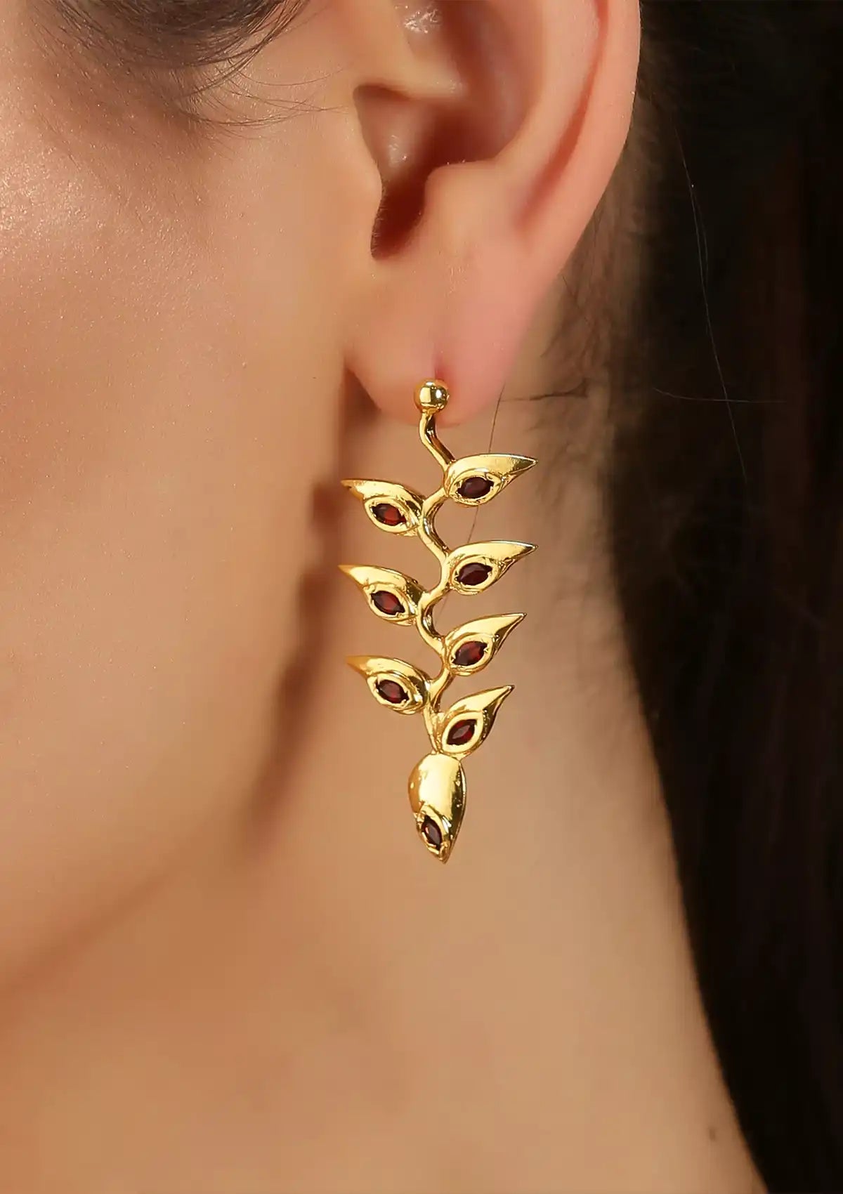 Designer heliconia garnet dangle earrings for women