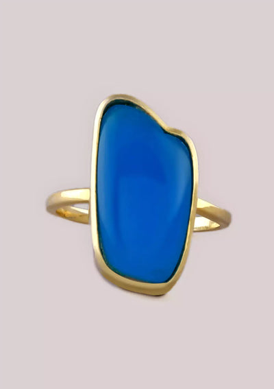 Designer gold plated aqua chalcedony ring for women