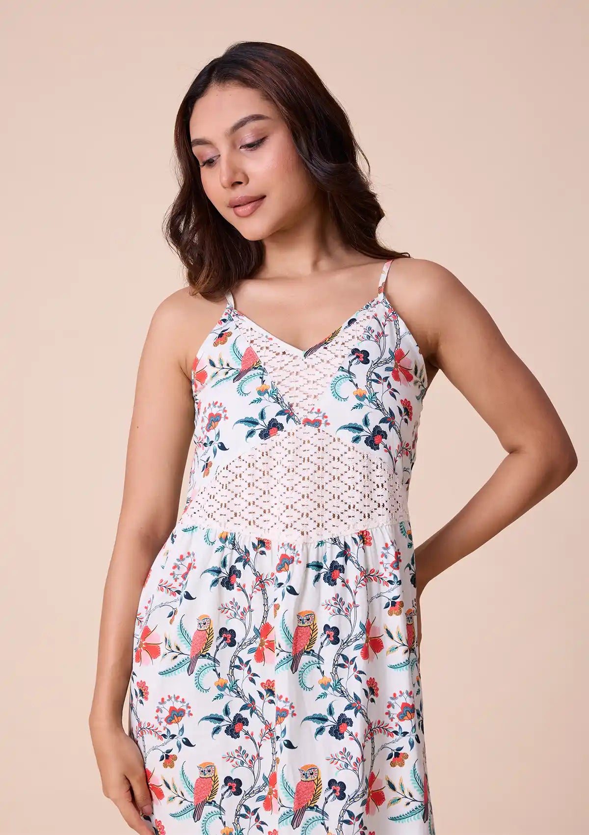 Athena printed strap dress with lace panel Price