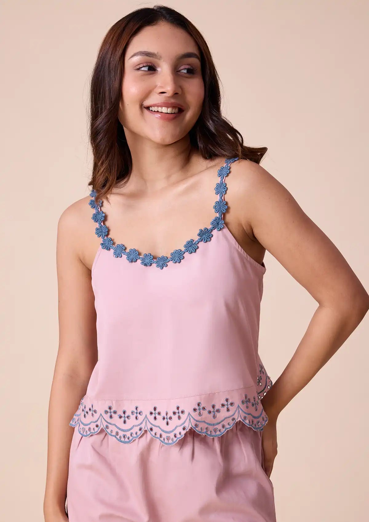 Sakuya Floral lace strap top and shorts with broderie hem Price