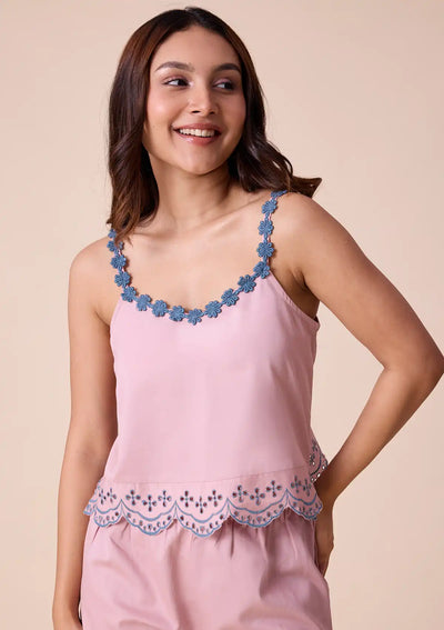 Sakuya Floral lace strap top and shorts with broderie hem Price