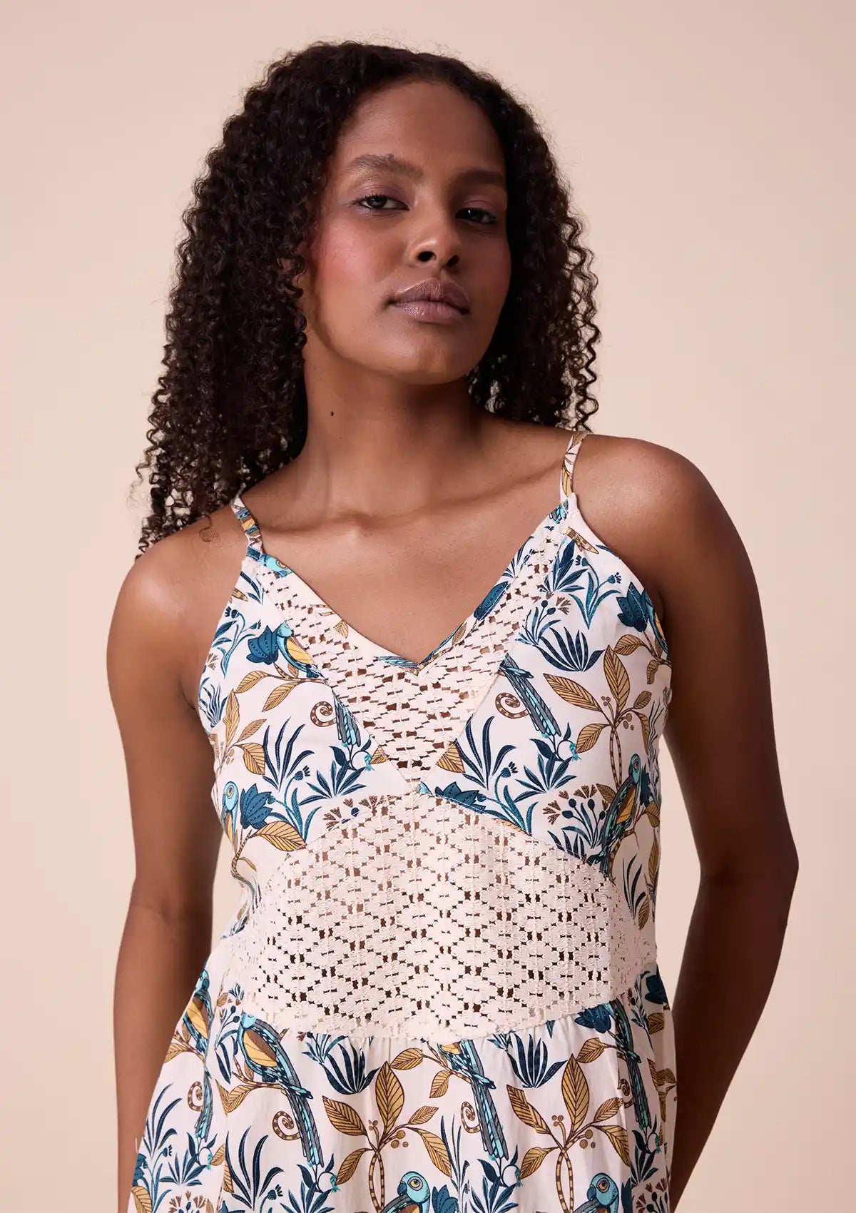 Hina printed strap dress with lace panel Price