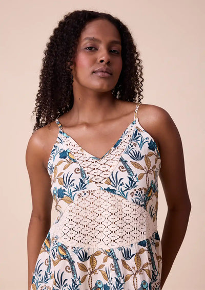 Hina printed strap dress with lace panel Price