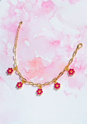 Glitzy Flower Charm Bracelet (Pink)